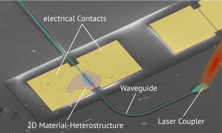 An electron microscope image of a light detector with the thin layer of the two-?dimensional heterostructure, the optical waveguide and the electrical contacts