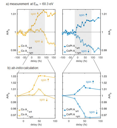 Measured (a) and calculated (b) ultrafast changes of the helicity dependent absorption at the Co resonance at a photon energy of 60.3 eV for a Co film (yellow) and a CoPt alloy (blue)