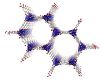 A visualization of the structure of metal-organic frameworks with the metal (cobalt, blue) at the corners and the organic structures spanning the sides (carbon, gray; oxygen, red)