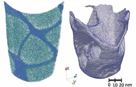 Three-dimensional point cloud reconstruction of an entire cobalt superalloy atom-probe tomography specimen (left) and the resulting interface from the edge detection method (right)