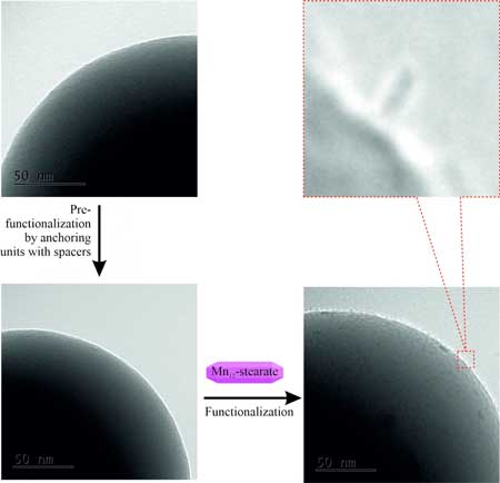 Transmission Electron Microscopy (TEM) pictures of the individual steps of the synthesis of a nanocomposite