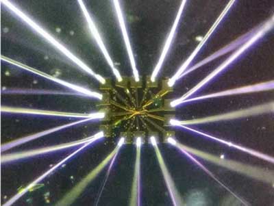 An optical image of the graphene device on a silicon dioxide/silicon chip. Shining metal wires are connected to gold electrodes for electrical measurement.