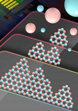 atoms of boron and nitride align on a copper substrate to create a large-scale, ordered crystal of hexagonal boron nitride