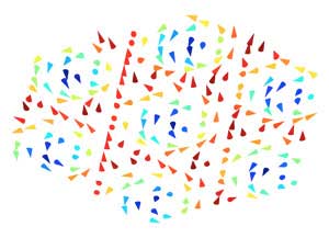 A schematic representation of a nanoscale skyrmion lattice. Each arrow indicates the direction of an electron spin on an individual atomic site in the kagome lattice
