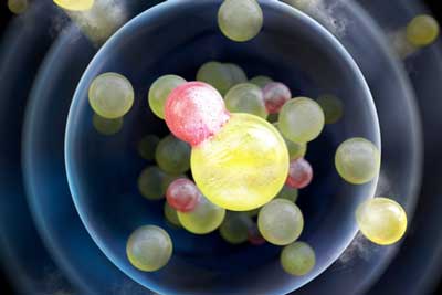 Sodium atoms (yellow spheres) collide with sodium-lithium molecules (combined-yellow-red-spheres)