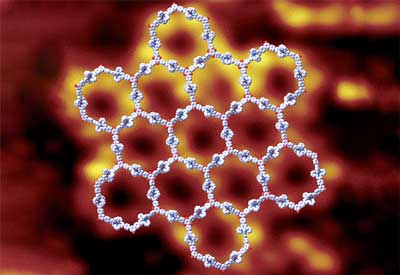 A scanning tunneling microscopy image of a supramolecular grid with a molecular modelling overlay