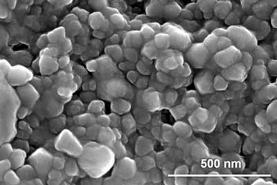 SEM image of lipid-coated MIL-100(Fe) (e) nanoparticles at 150 000× magnification