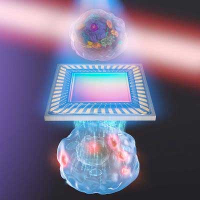 An artistic representation of the new imaging method called biochemical quantitative phase imaging with midinfrared photothermal effect