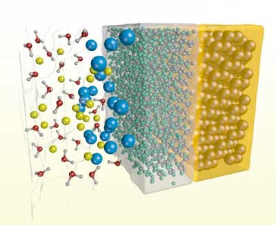 An artistic rendering of ion adsorption at a silane-modified silicon surface