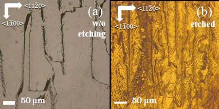 Optical micrograph images for the 3C-SiC photoelectrode surfaces without etching (a) and with etching