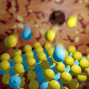 Artistic visualisation: monolayer of molybdenum diselenide is grown by directing molecular beams of selenium (yellow) and molybdenum (blue) on atomically flat hexagonal boron nitride substrate