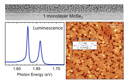 Cross-section (top), luminescence (left), and atomic force microscopy image (right) of a MoSe2 monolayer grown using molecular beam epitaxy on hexagonal boron nitride substrate