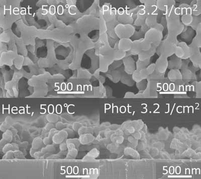 Top/cross-sectional view of scanning electron microscopic (SEM) images of the nanostructure titanium oxide thin film