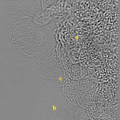 Transmission electron microscopy depicts wear debris from tests with solid lubricant