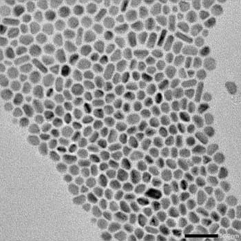 An electron microscope image shows antimony nanoparticles