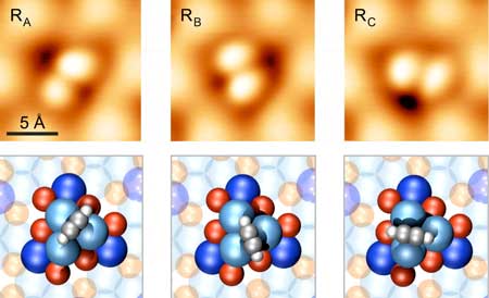Scanning Tunneling Microscopy image of a PdGa surface with six dumbbell shaped acetylene-rotor molecules in different rotation states