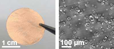 At left, a copper current collector with a laser-induced silicon oxide coating. At right, a scanning electron microscope image of the coating created by lasing adhesive tape on the copper collector
