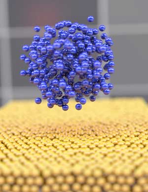 the evolution of nanostructural lithium atoms (blue) depositing onto an electrode (yellow) during the battery charging operation