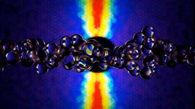 In this artist’s conception, data from the small angle neutron scattering experiment form a colorful backdrop to transparent spheres representing part of a worm-like micelle