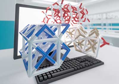 atomic scale structures of different materials (carbides, nitrides, and oxides) coming out of a screen of a computer in a scientific laboratory