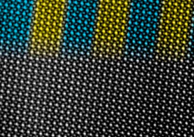 Scanning transmission electron micrscopy image of superlattice consisting of an alternating sequence of 5 atomic unit cells of neodymium nickelate (blue) and 5 atomic unit cells of samarium nickelate (yellow)