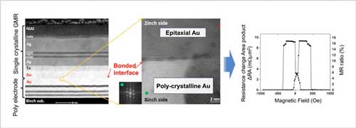 Cross-sectional transmission electron micrographs of the bonded interface between the single-crystal GMR film device and the polycrystalline electrode wafer (two photos at left) and magnetoresistance measured in the device post-bonding (right)