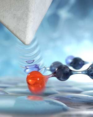 The tip of an ultrafast scanning tunnelling microscope hovers over a molecular switch