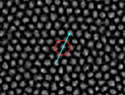 Image of an experimental skyrmion structure: The hexagonal arrangement and orientation are shown as an example