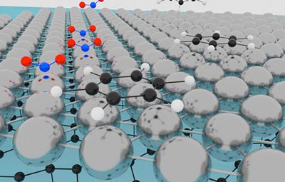 A schematic of platinum atoms deposited on the surface of graphene