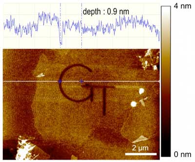 Image shows patterned etching of graphene oxide flakes to create a logo