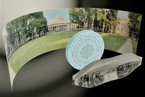 3D artistic illustration of the wide-field-of-view metalens capturing a 180° panorama