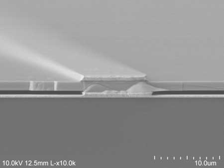 The electron microscope image shows the air (darkest gray) sandwiched between the gold backing at the bottom and the semiconductor at the top, supported on gold beams