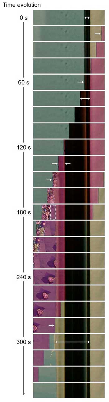 A column of green, red and black rectangles