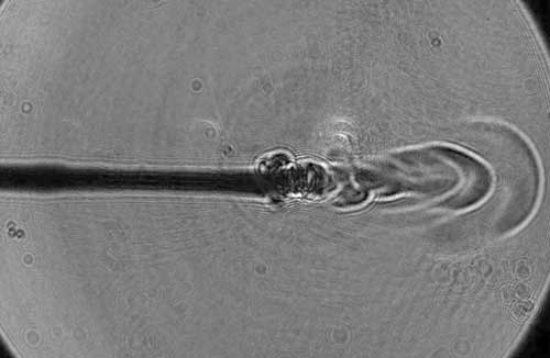 water jet at the tip of a fiber