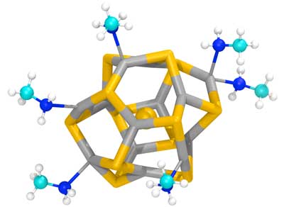 Model of a (CdSe)13 cluster (yellow/grey) surrounded by organic molecules (blue/white)