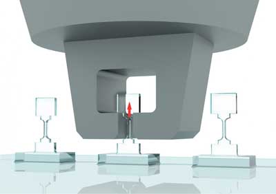 Illustration of tensile straining of microfabricated diamond bridge samples