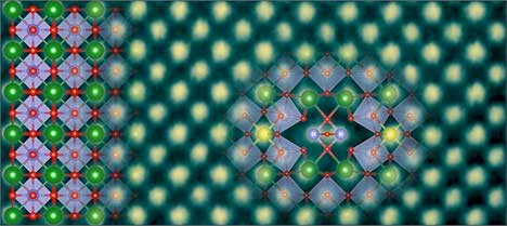 This image shows the atomic arrangement of both the BaSnO3 crystal (on the left) and the metallic line defect