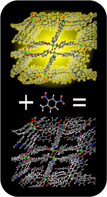 The light from a fluorescent metal organic framework (top) is quenched when the porous material captures explosive molecules (bottom)