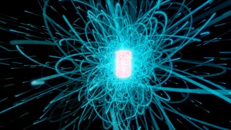 This picture visualizes an ultracold plasma with 2000 ions (red cylinder at the center) and 2000 electrons (blue)