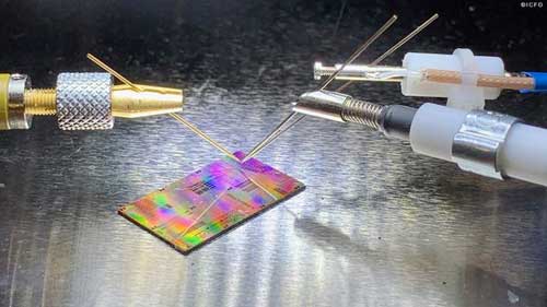 Graphene-based electro-absorption modulator chip under study in the lab
