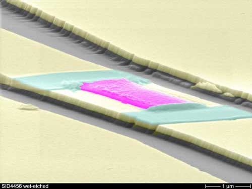 Coloured electron microscopy image of yttrium iron garnet