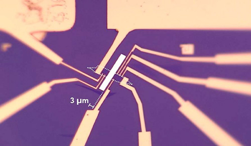 eight electrodes around a 20-nanometer-thick magnet (white rectangle) and graphene (white dotted line)
