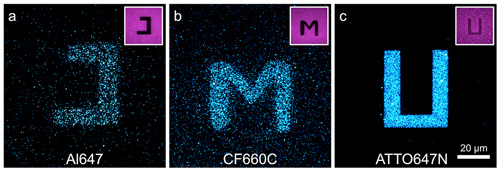Confocal fluorescence images of glass surfaces coated with the cyanine dyes Alexa Fluor 647 (a) and CF660C (b) and with carborhodamine dye ATTO647N (c) after light excitation at 568 nanometres