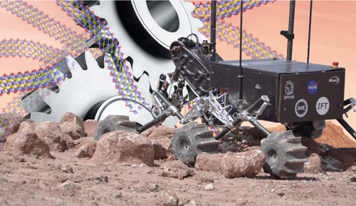 Photo illustration of a Mars rover depicting the idea of MXene superlubric sheets applied to the machine’s moving parts to reduce friction and wear