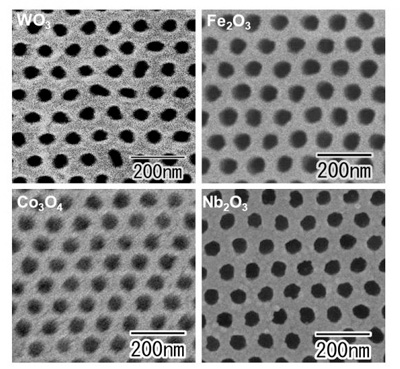 Ordered arrays of nanoholes in thin transition metal oxide layers