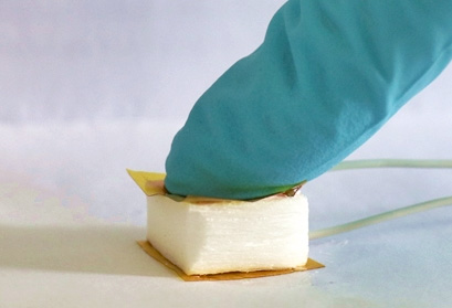 gloved finger pressing on a wood sponge