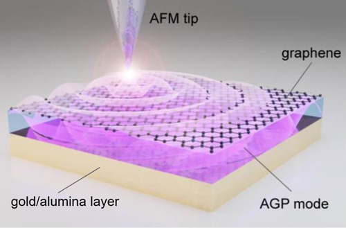 Laser-illuminated nano-tip excites the acoustic graphene plasmon in the layer between the graphene and the gold/alumina