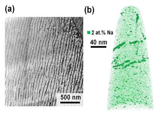 a) Transmission electron microscopy image showing a high density of parallel dislocations. b) Atom probe tomography data revealing that the dislocations are Na rich