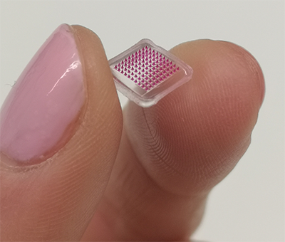 two fingers hold a microneedle patch