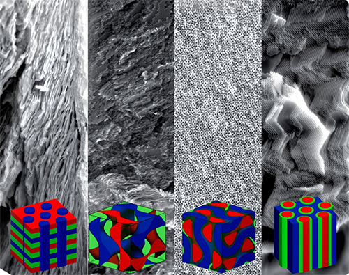 hese scanning electron microscopy images show the four different superconductor quantum material structures that were directed by the spontaneous self-organization of soft organic block copolymers